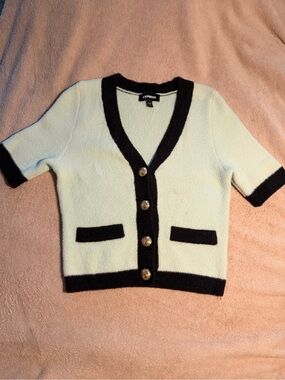 Express Mint Green Short Sleeve Cardigan with Black Trim